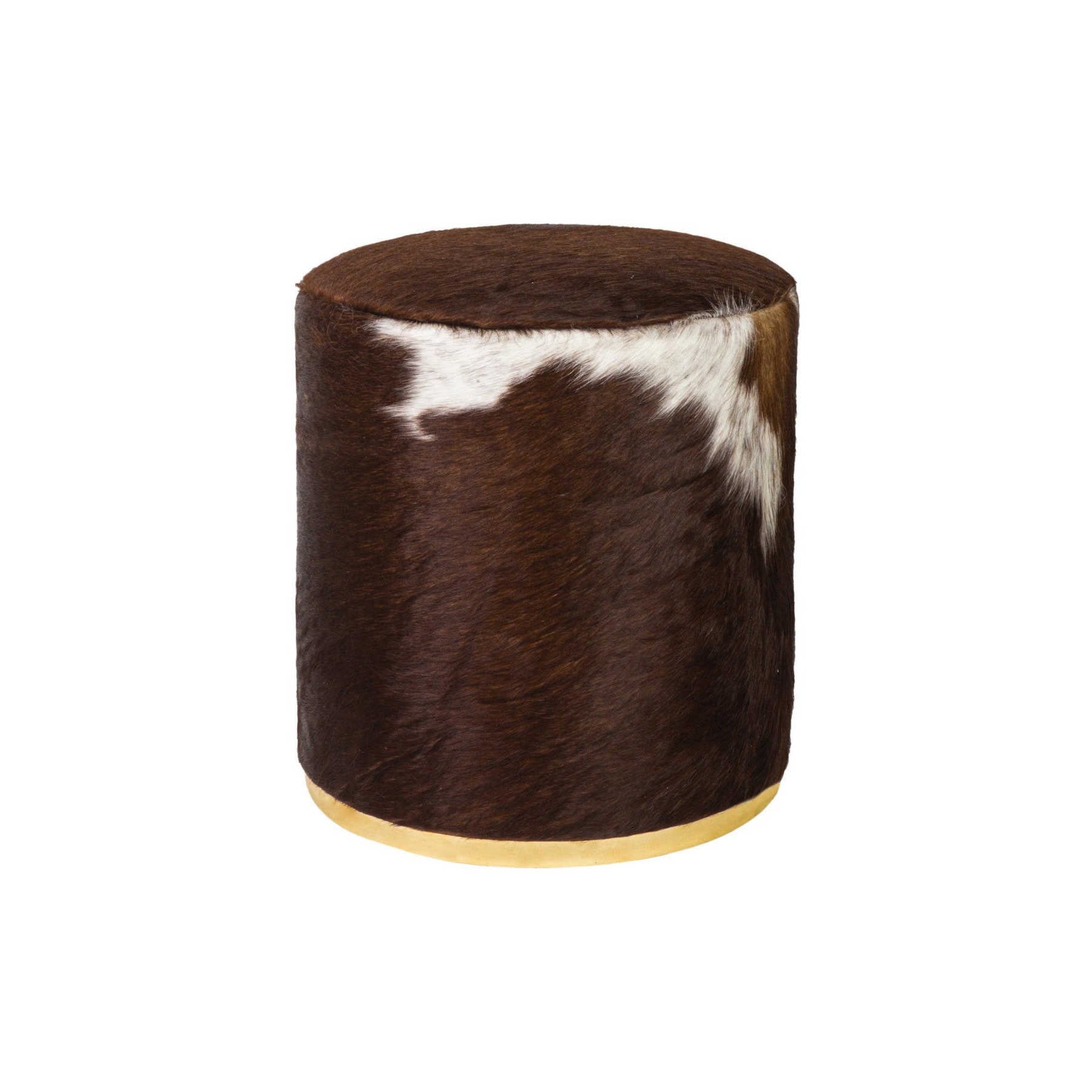Cowhide Pouf Ottoman - Plush Cowhide Pouffe with Solid Bronze base