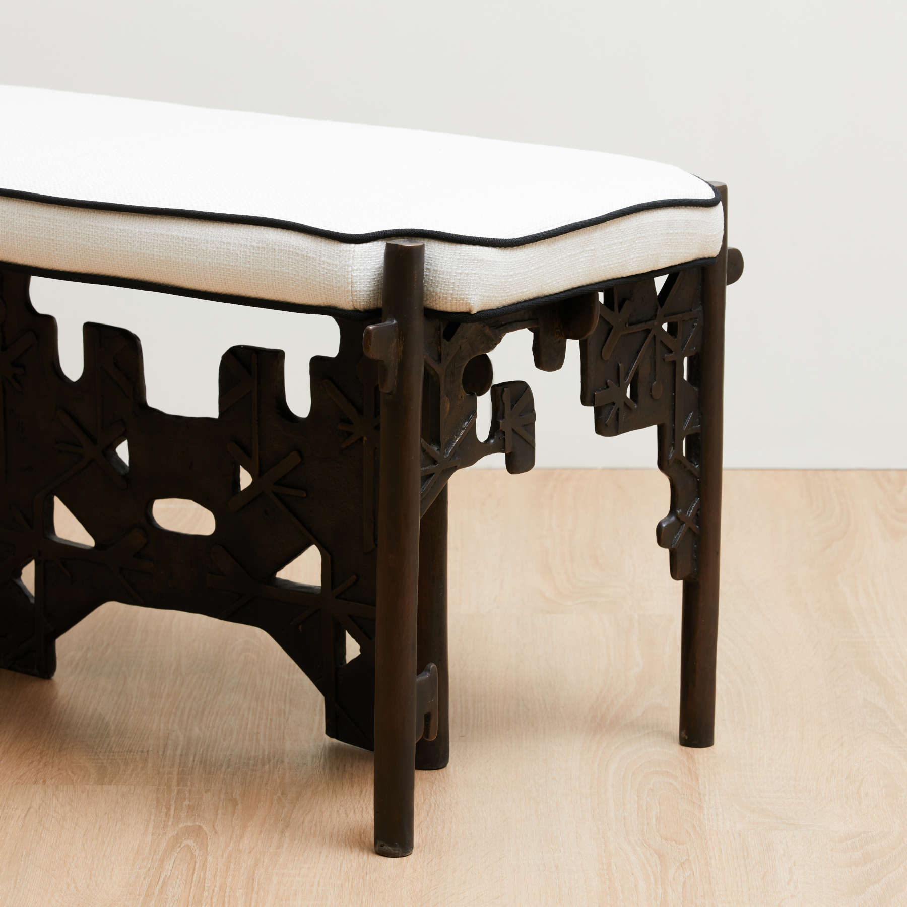 Golden Key Upholstered Blackened Brass Bench