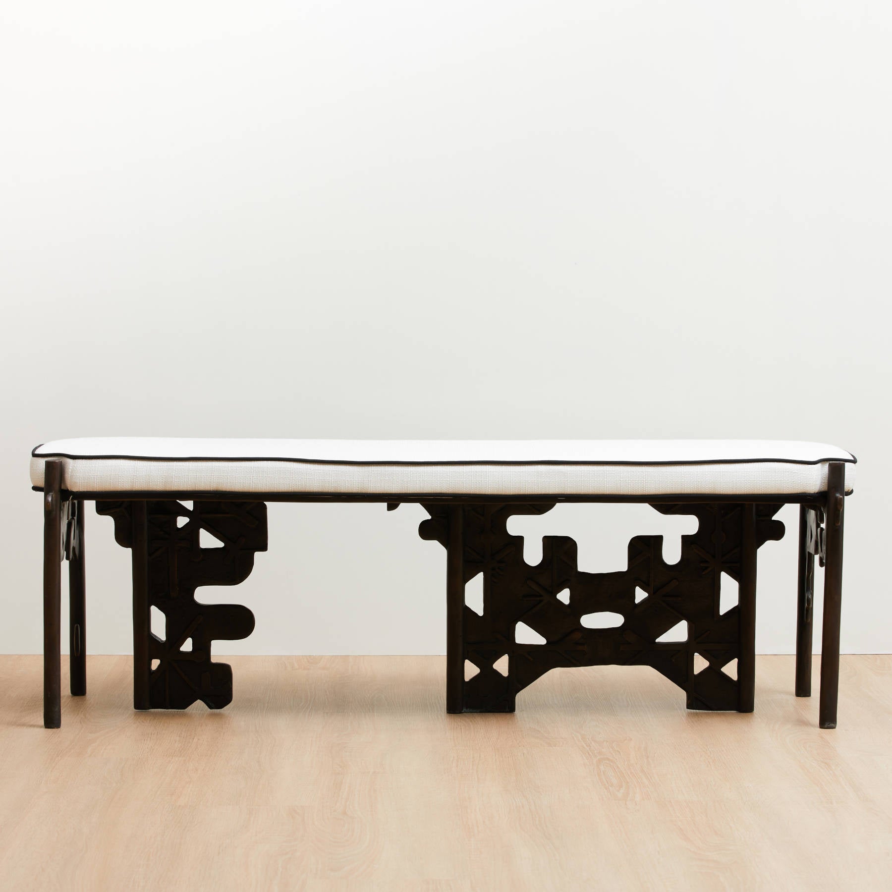 Golden Key Upholstered Blackened Brass Bench