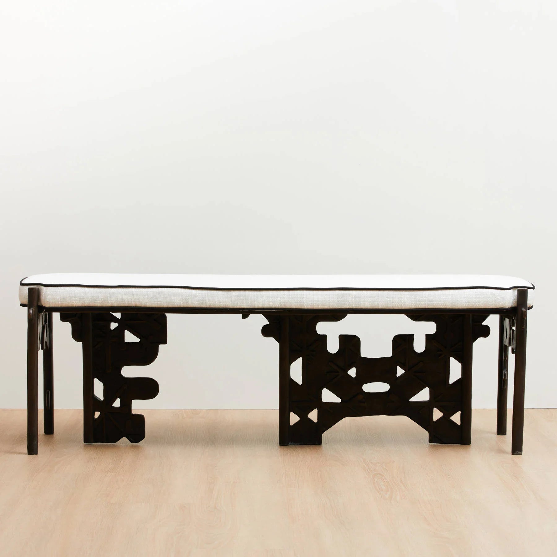 Golden Key Upholstered Blackened Brass Bench