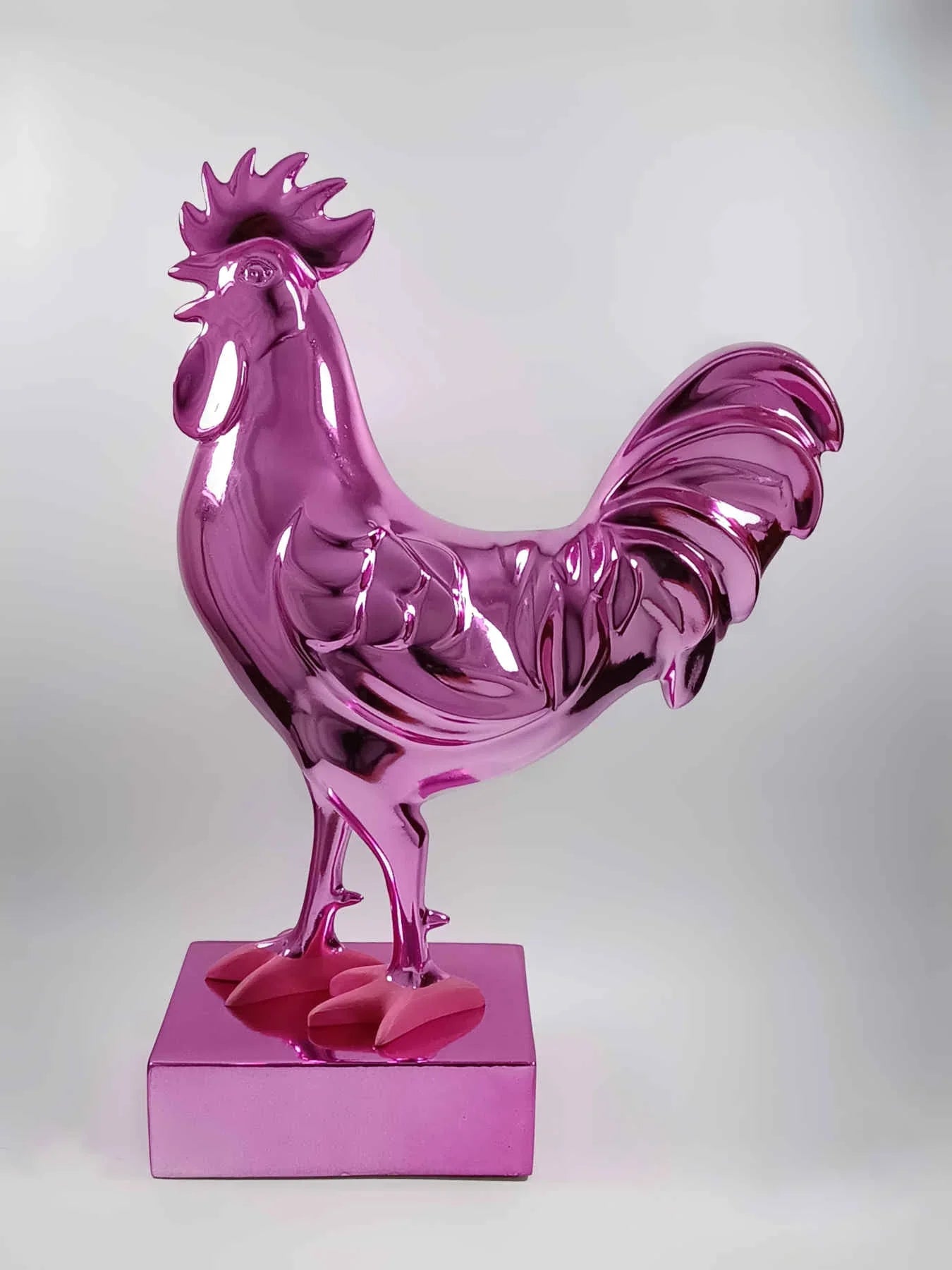 Pink Rooster Sculpture, Collectible Art By Sara Rahanjam