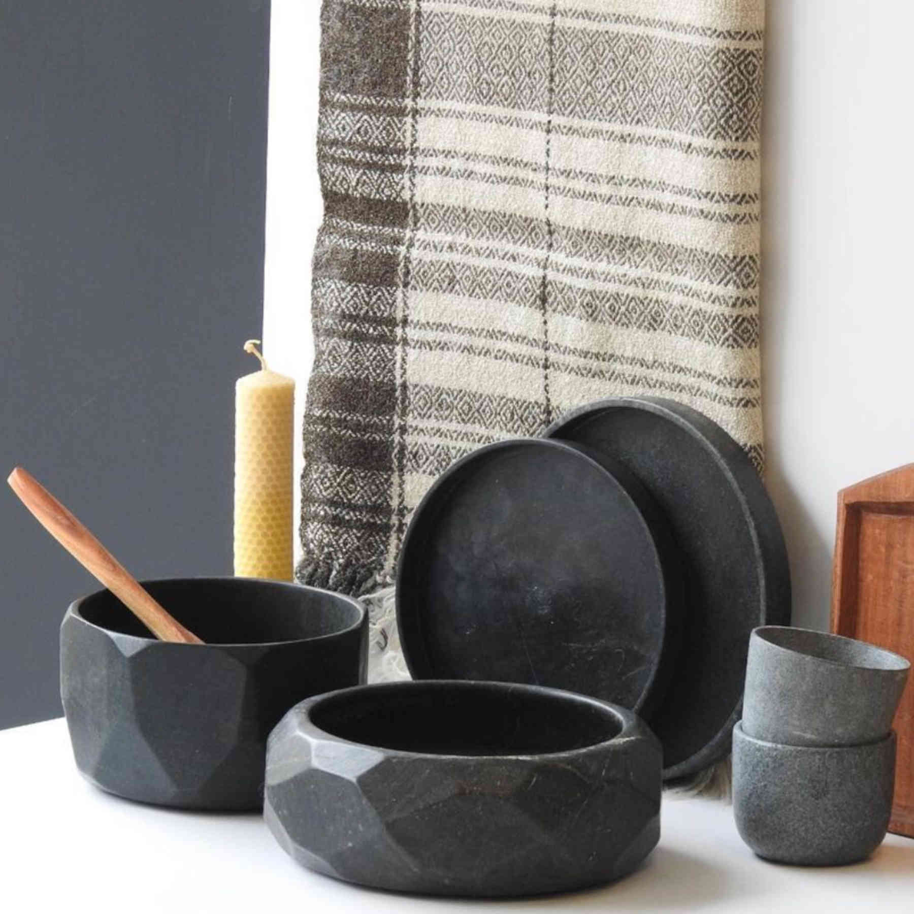 Black Deep Stone Bowl - Natural River Stone Dining Tableware & Stoneware