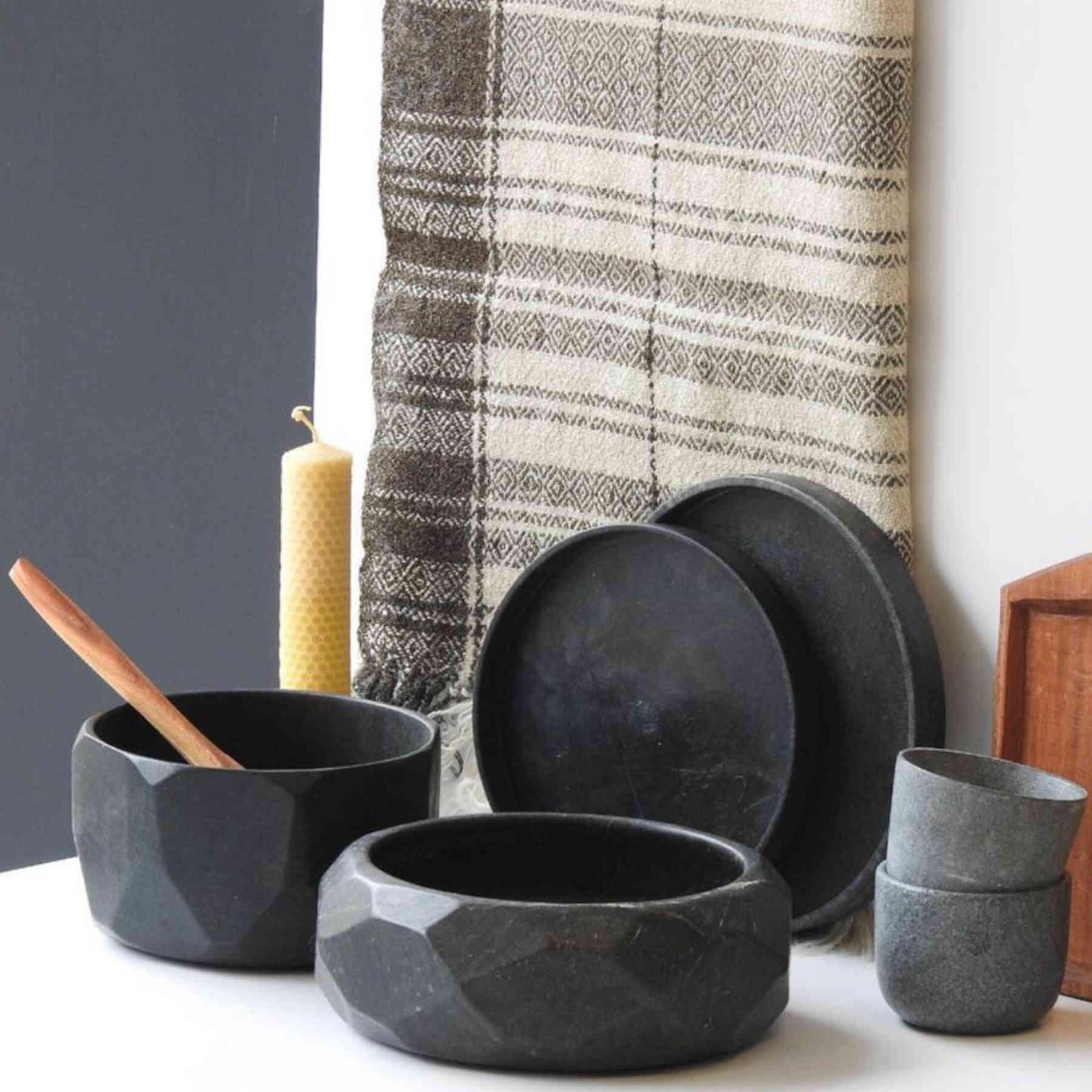 Black Deep Stone Bowl - Natural River Stone Dining Tableware & Stoneware