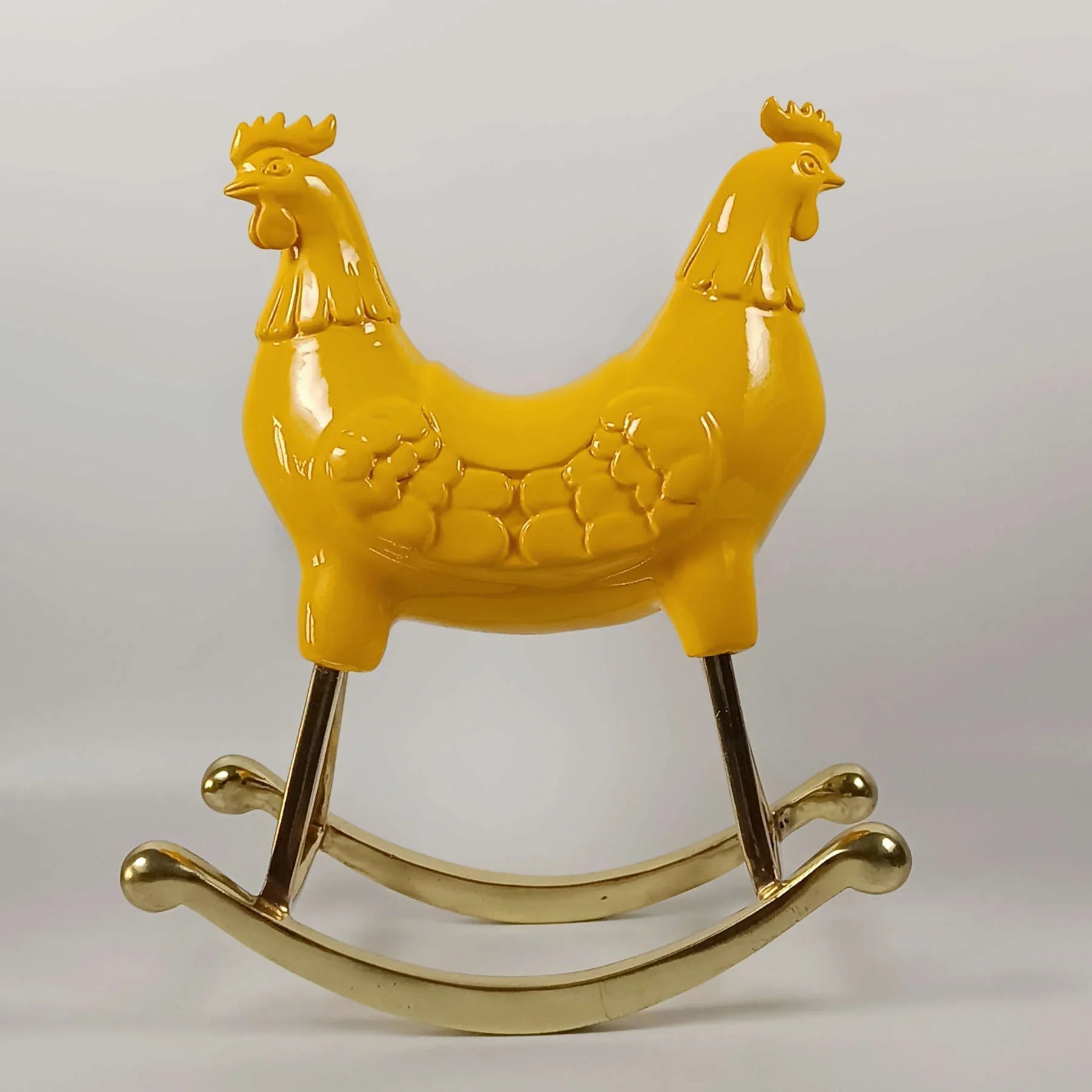 Yellow Rocking Rooster Sculpture, Collectible Art By Sara Rahanjam