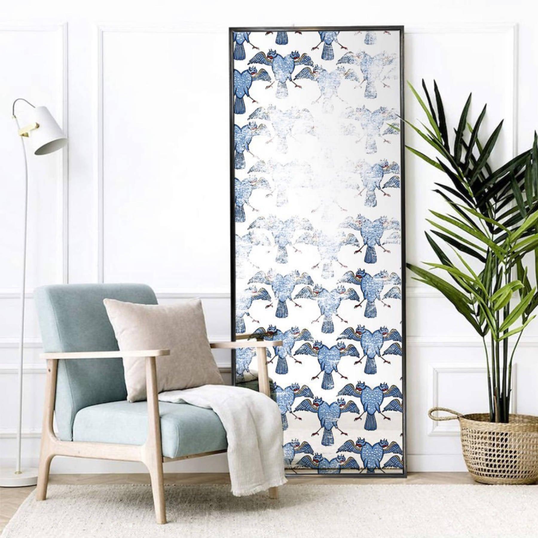 Blue Bird Decorative Wall Mirror - Wall Mounted Painted Mirror in Metal Frame Dubai