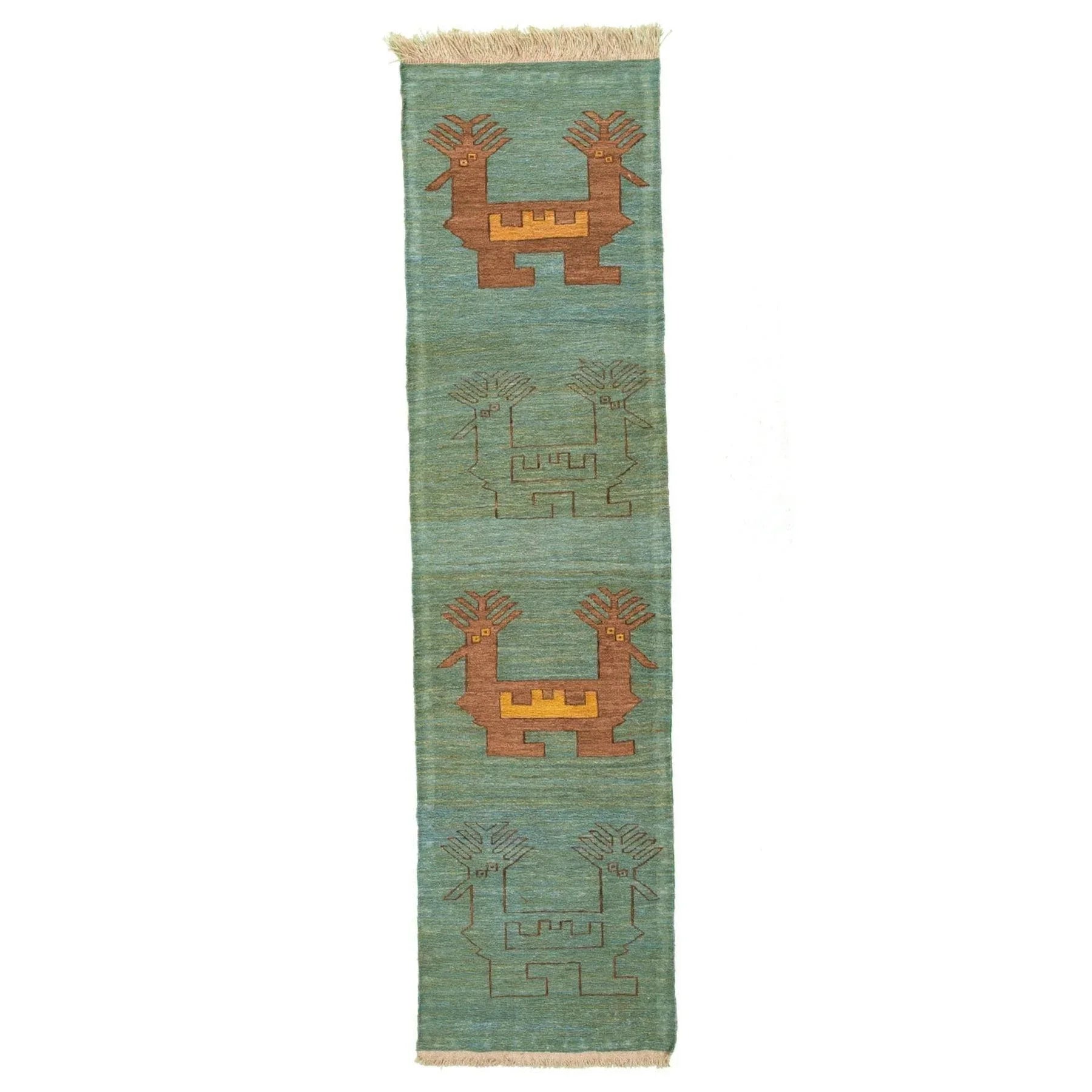 Khoroos Soumak Persian Carpet Wool 54x202 Green - Authentic Nomadic Rugs & Kilims in Dubai