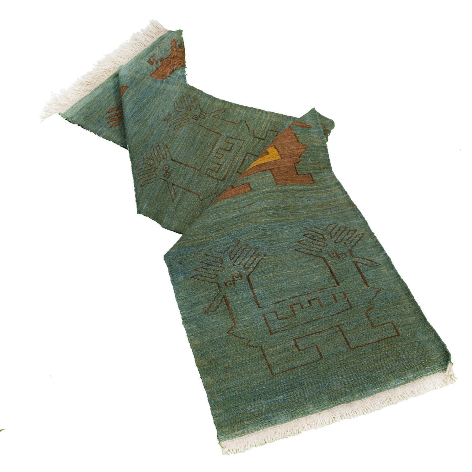 Khoroos Soumak Persian Carpet Wool 54x202 Green - Authentic Nomadic Rugs & Kilims in Dubai