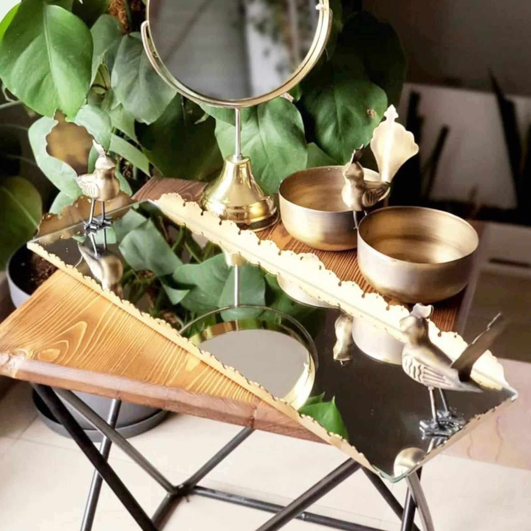 Qajar Birds Decorative Long Mirror Tray for Serving and Table Top in Dubai