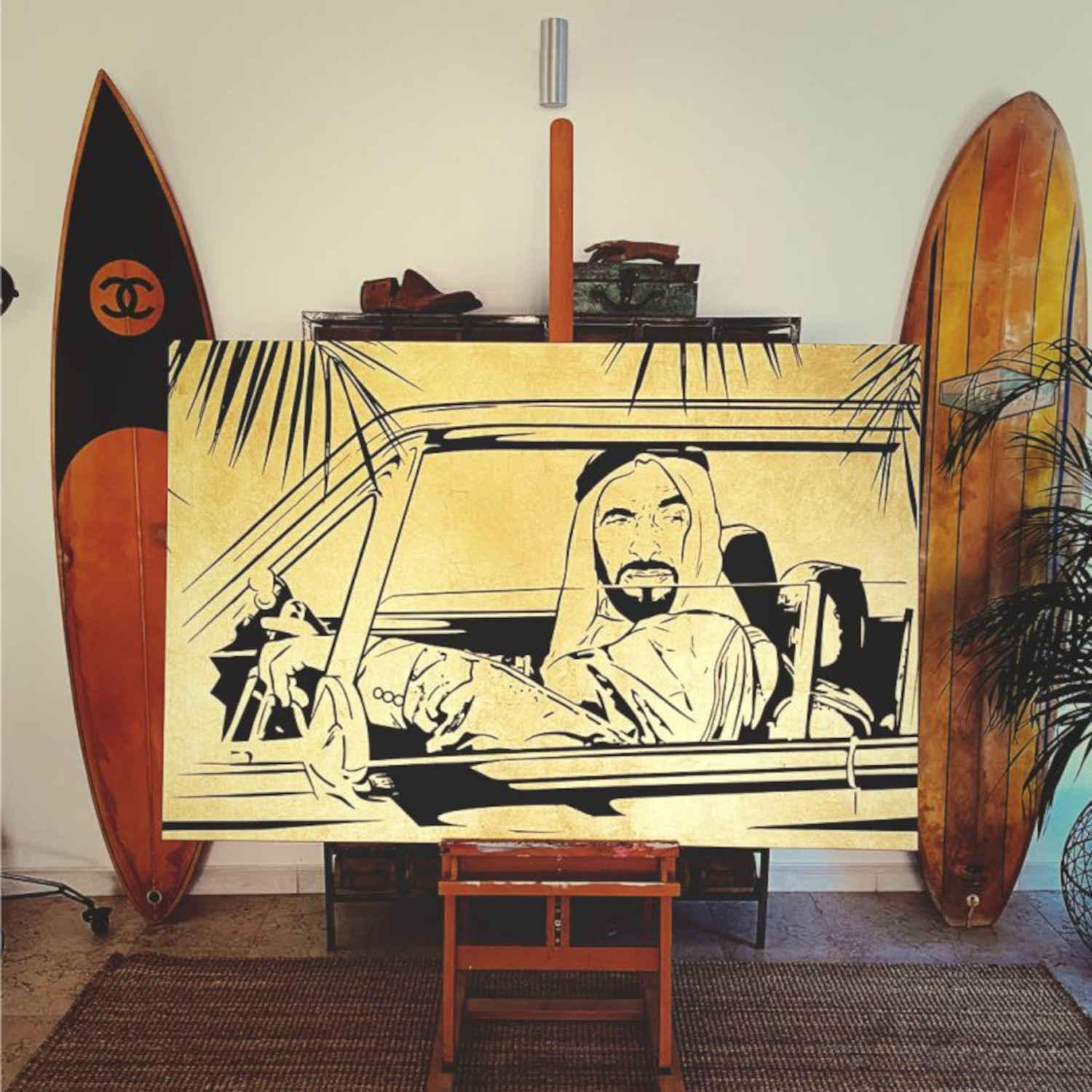 Visionary Sunshine Print On Canvas Artwork - Gold Leaf Vintage Arabia Pop Art by Julian Castaldi in Dubai
