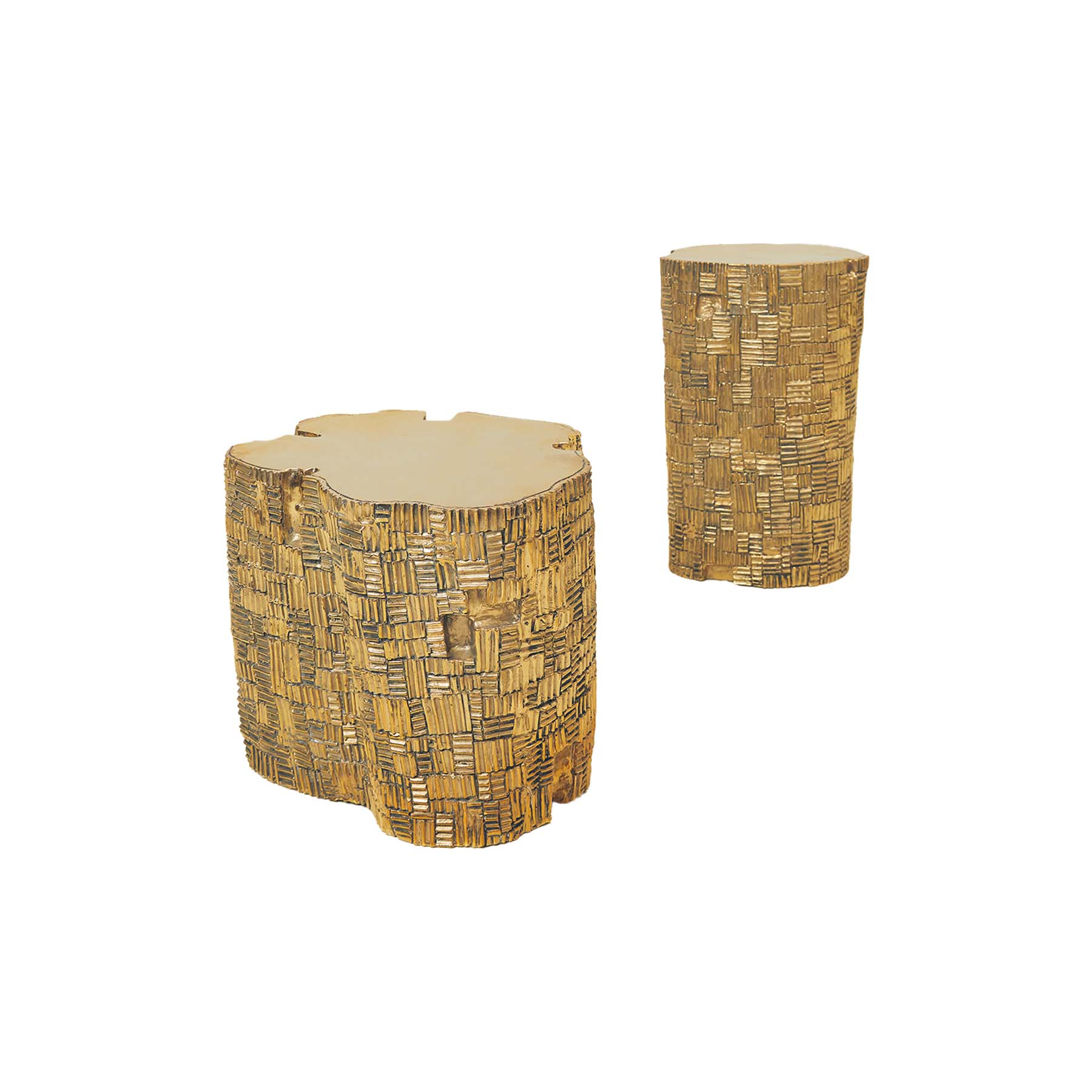 Golden Brass Sculptural Log Stool Set