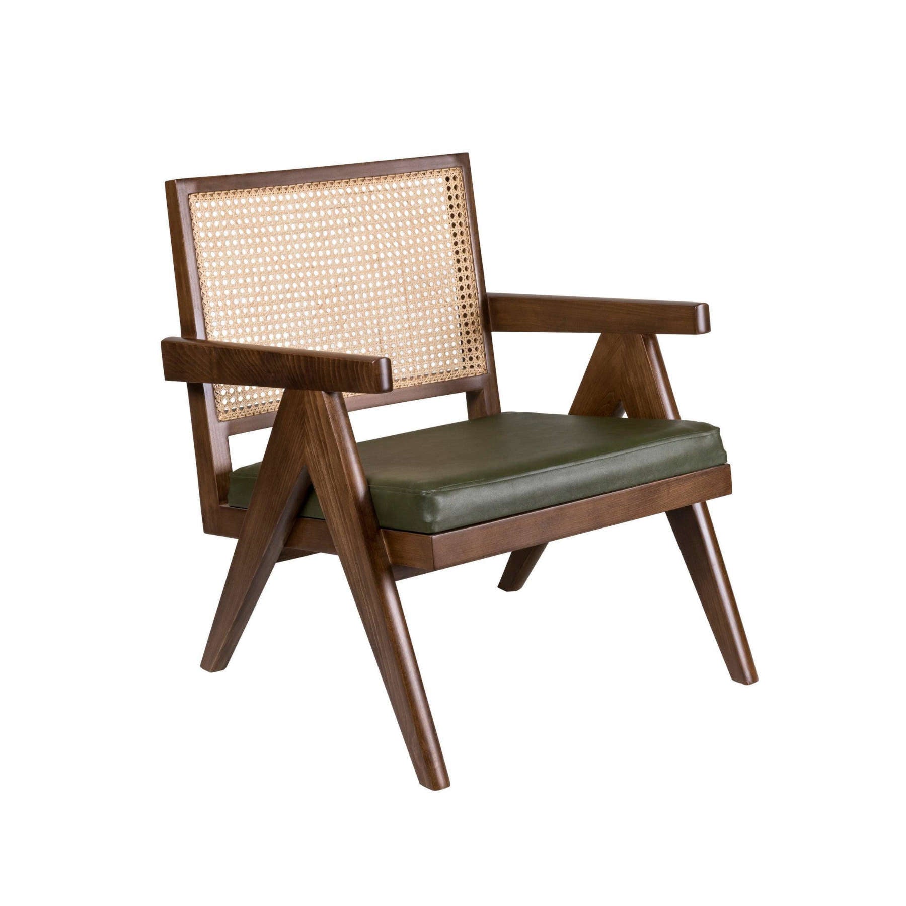Walnut Brown Cane Easy Chair With Green Leather Seat 