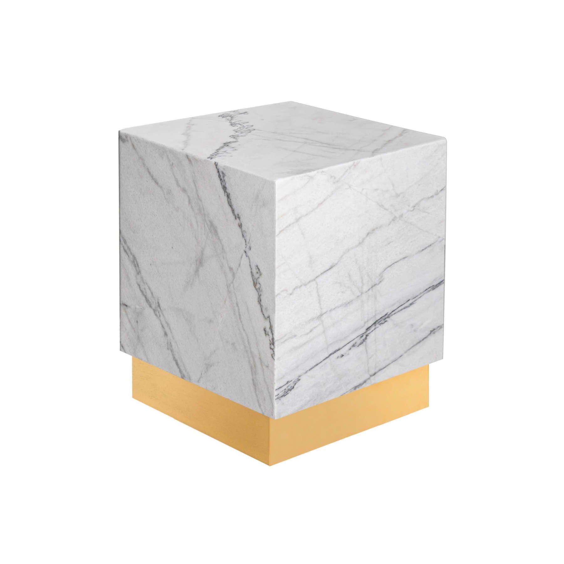 Cubic White Marble Plinth Side Table With Bronze Base