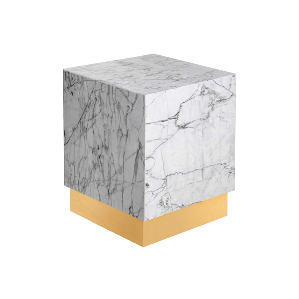 Cubic White Marble Plinth Side Table With Bronze Base