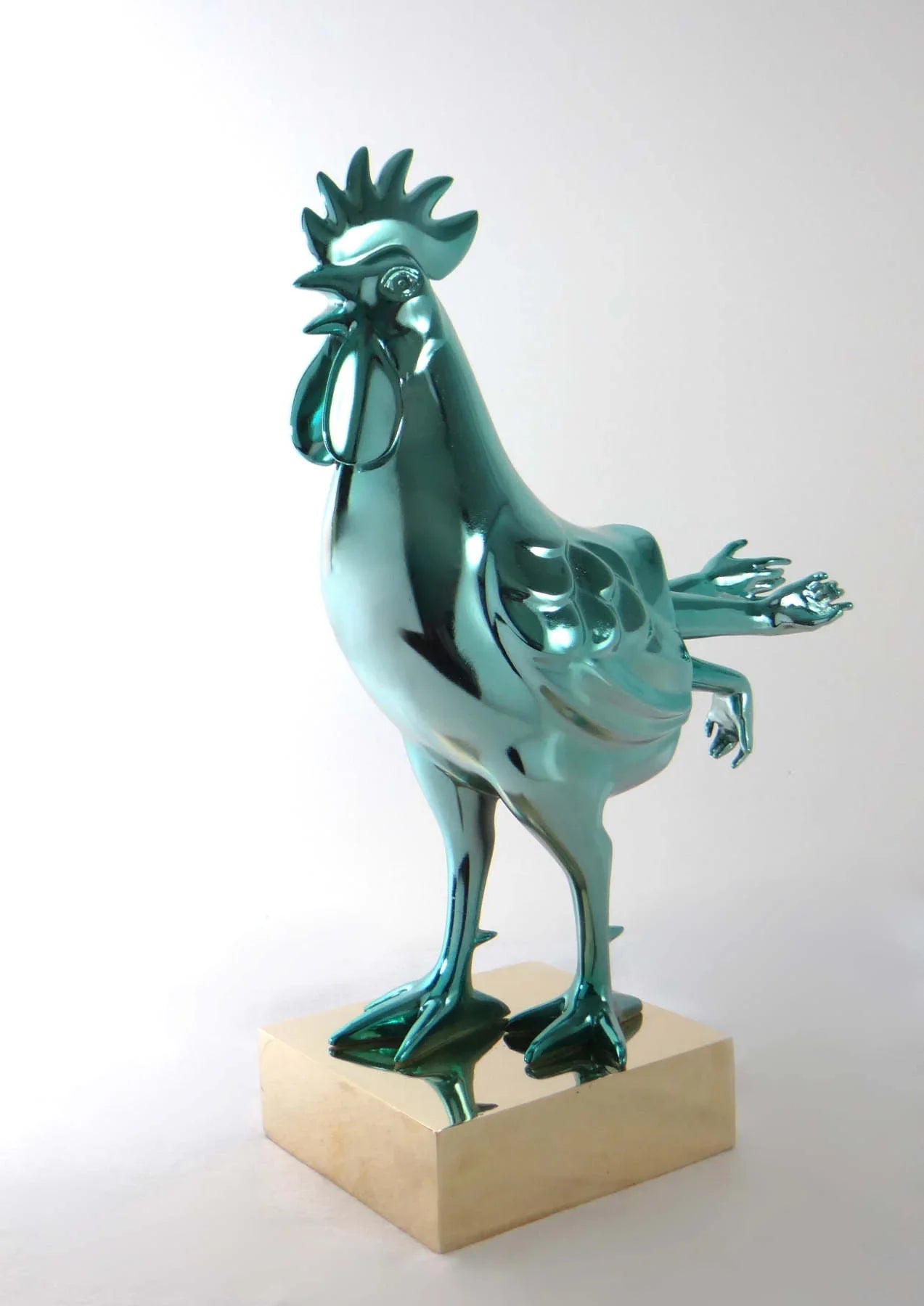 Green Rooster Sculpture, Collectible Bronze & Fiberglass Art