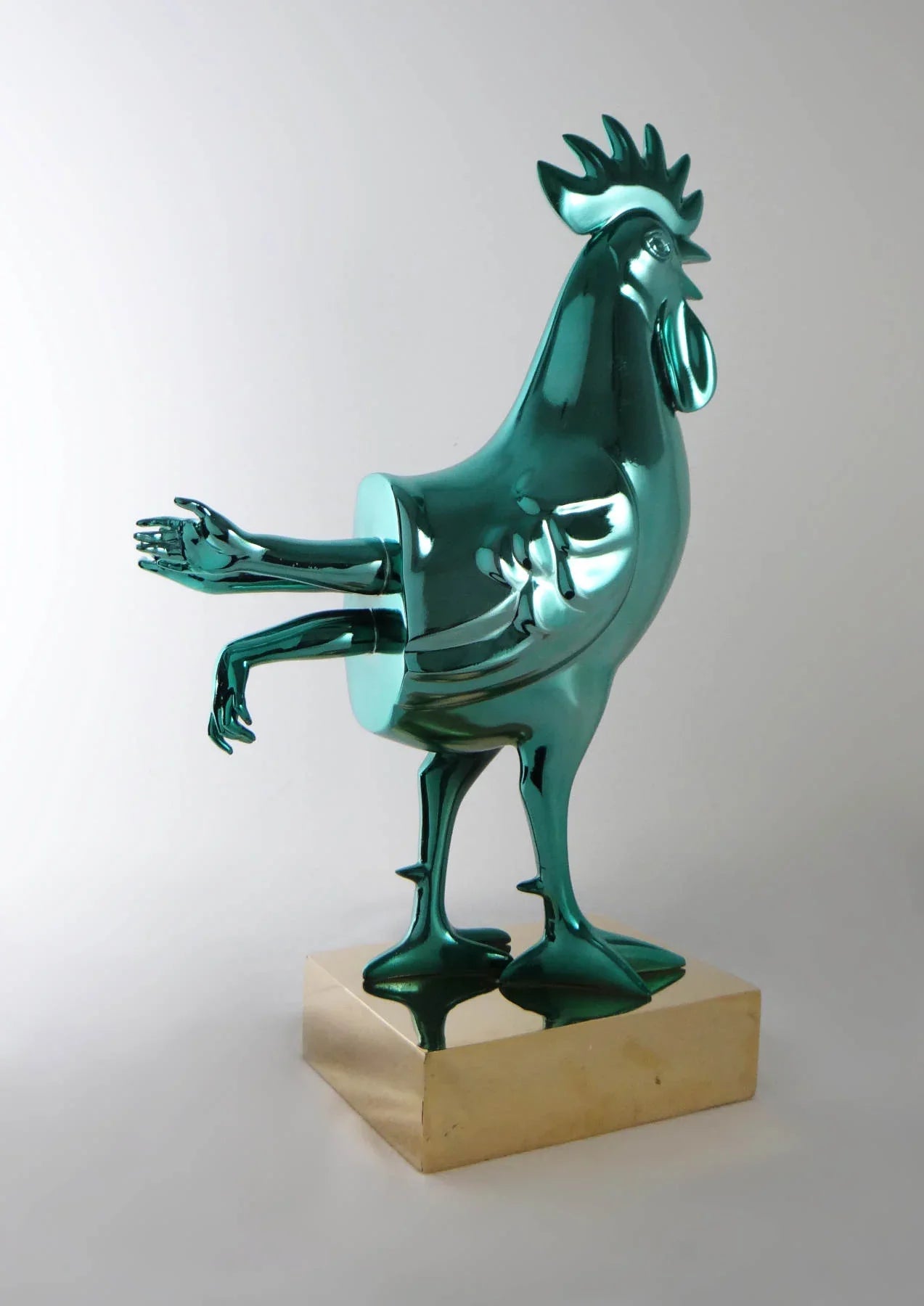 Green Rooster Sculpture, Collectible Bronze & Fiberglass Art
