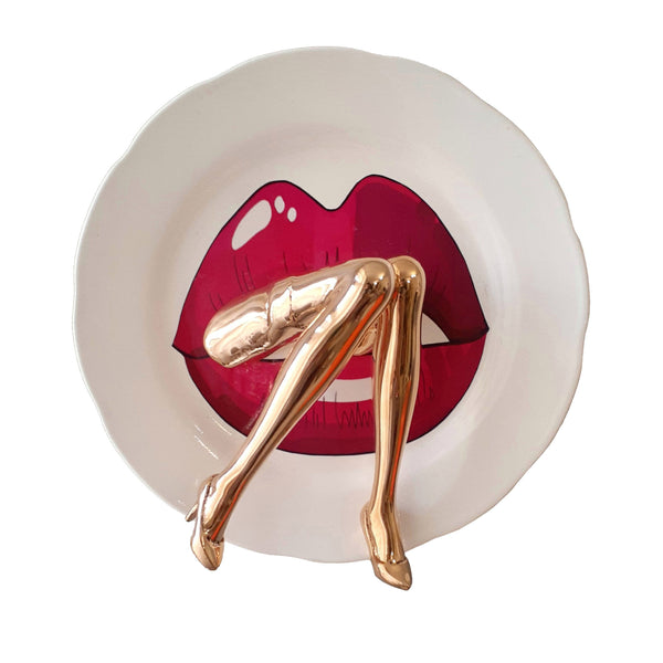 Kiss Plate Mixed Media Sculpture, Bronze & Ceramic Plate Decor By Sara Rahanjam