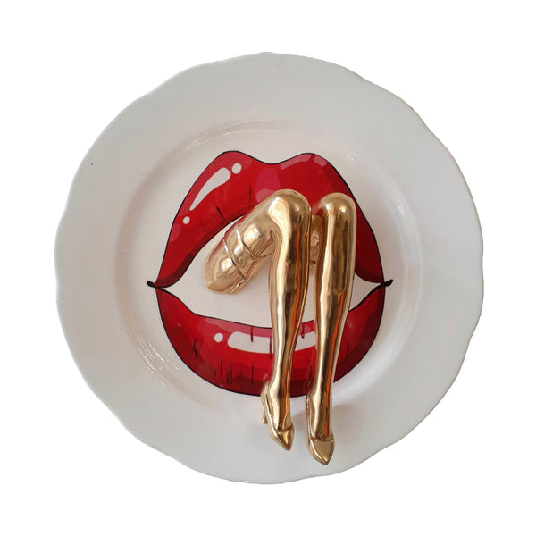 Kiss Plate Mixed Media Sculpture, Bronze & Ceramic Plate Decor By Sara Rahanjam