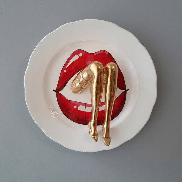 Kiss Plate Mixed Media Sculpture, Bronze & Ceramic Plate Decor By Sara Rahanjam