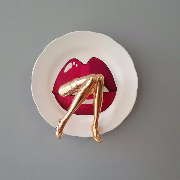 Kiss Plate Mixed Media Sculpture, Bronze & Ceramic Plate Decor By Sara Rahanjam