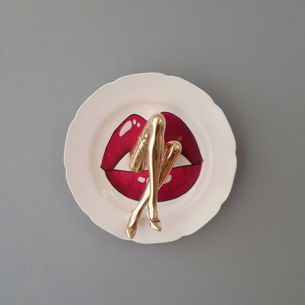 Kiss Plate Mixed Media Sculpture, Bronze & Ceramic Plate Decor By Sara Rahanjam