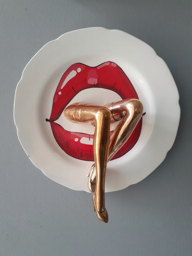 Kiss Plate Mixed Media Sculpture, Bronze & Ceramic Plate Decor By Sara Rahanjam