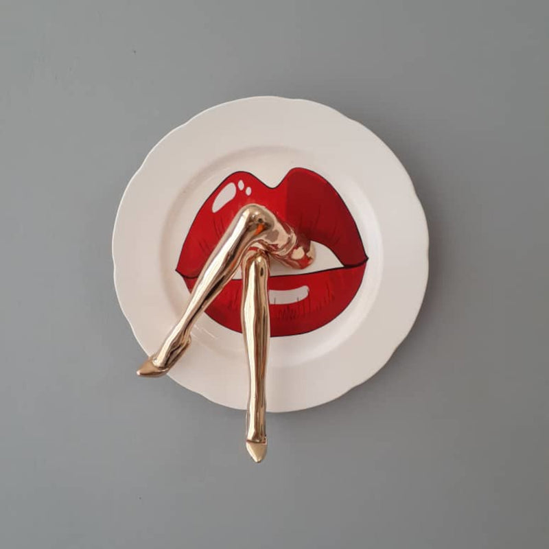 Kiss Plate Mixed Media Sculpture, Bronze & Ceramic Plate Decor By Sara Rahanjam