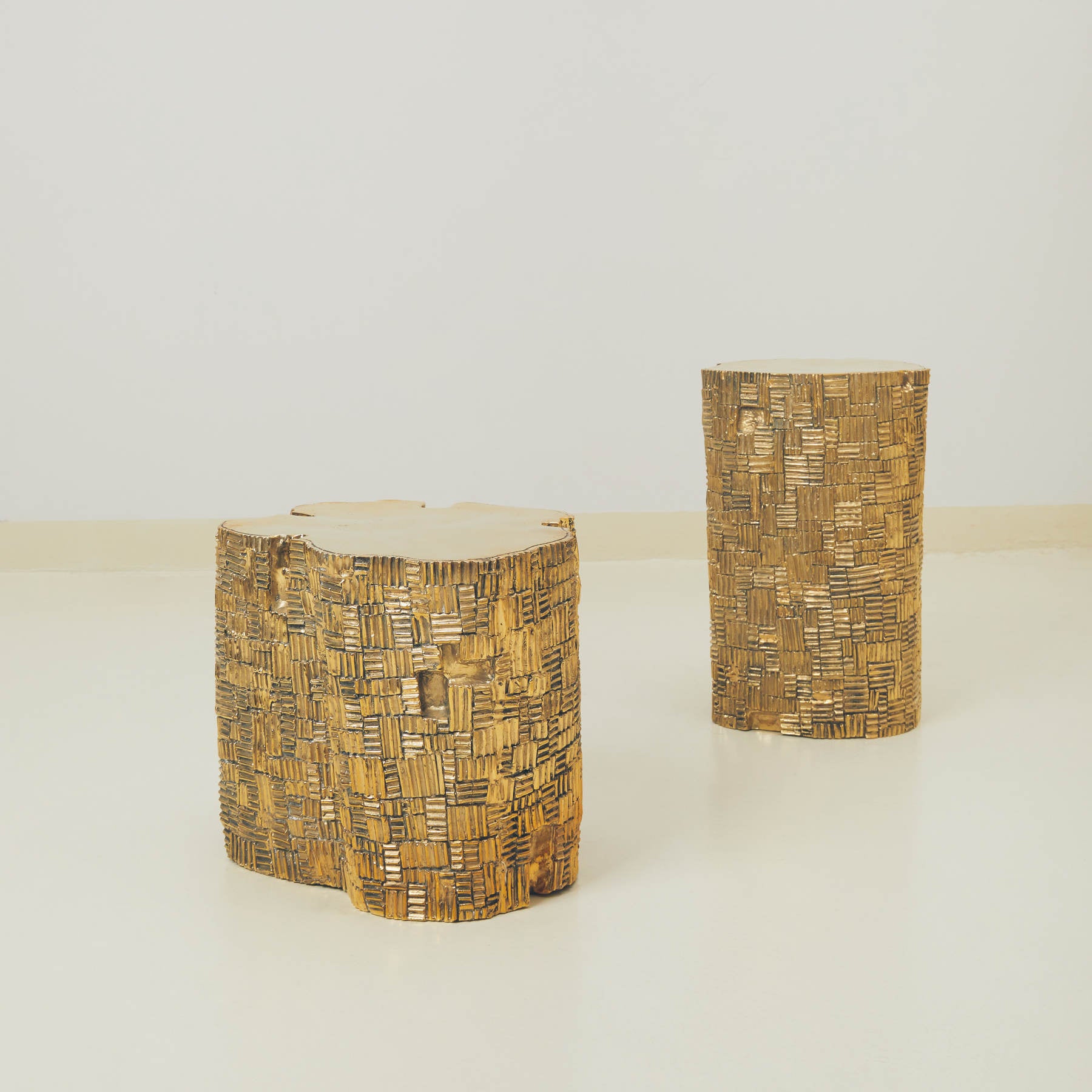Golden Brass Sculptural Log Stool Set