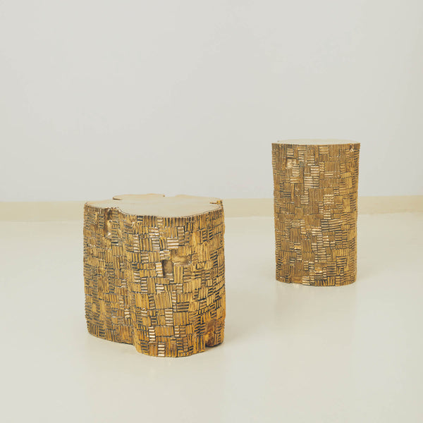 Golden Brass Sculptural Log Stool Set