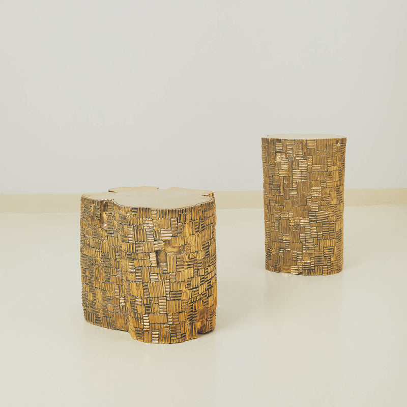Golden Brass Sculptural Log Stool Set