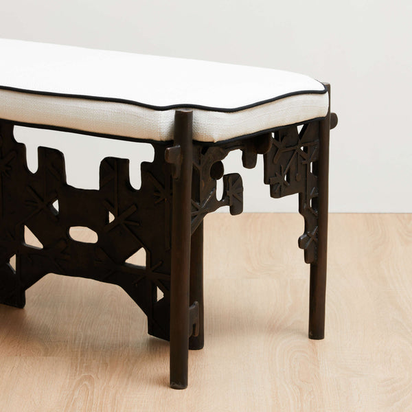 Golden Key Upholstered Blackened Brass Bench