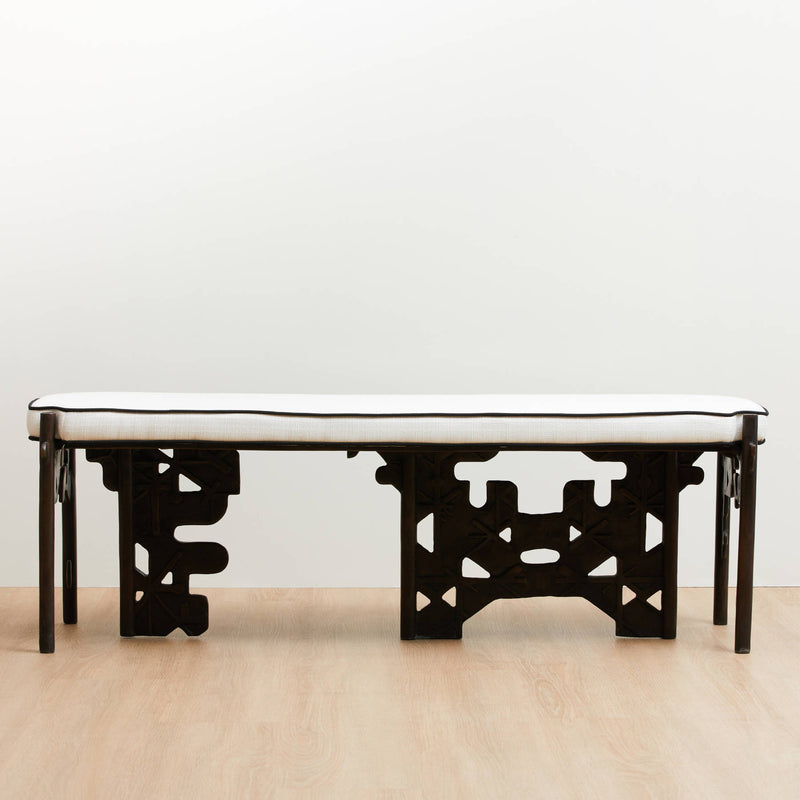 Golden Key Upholstered Blackened Brass Bench