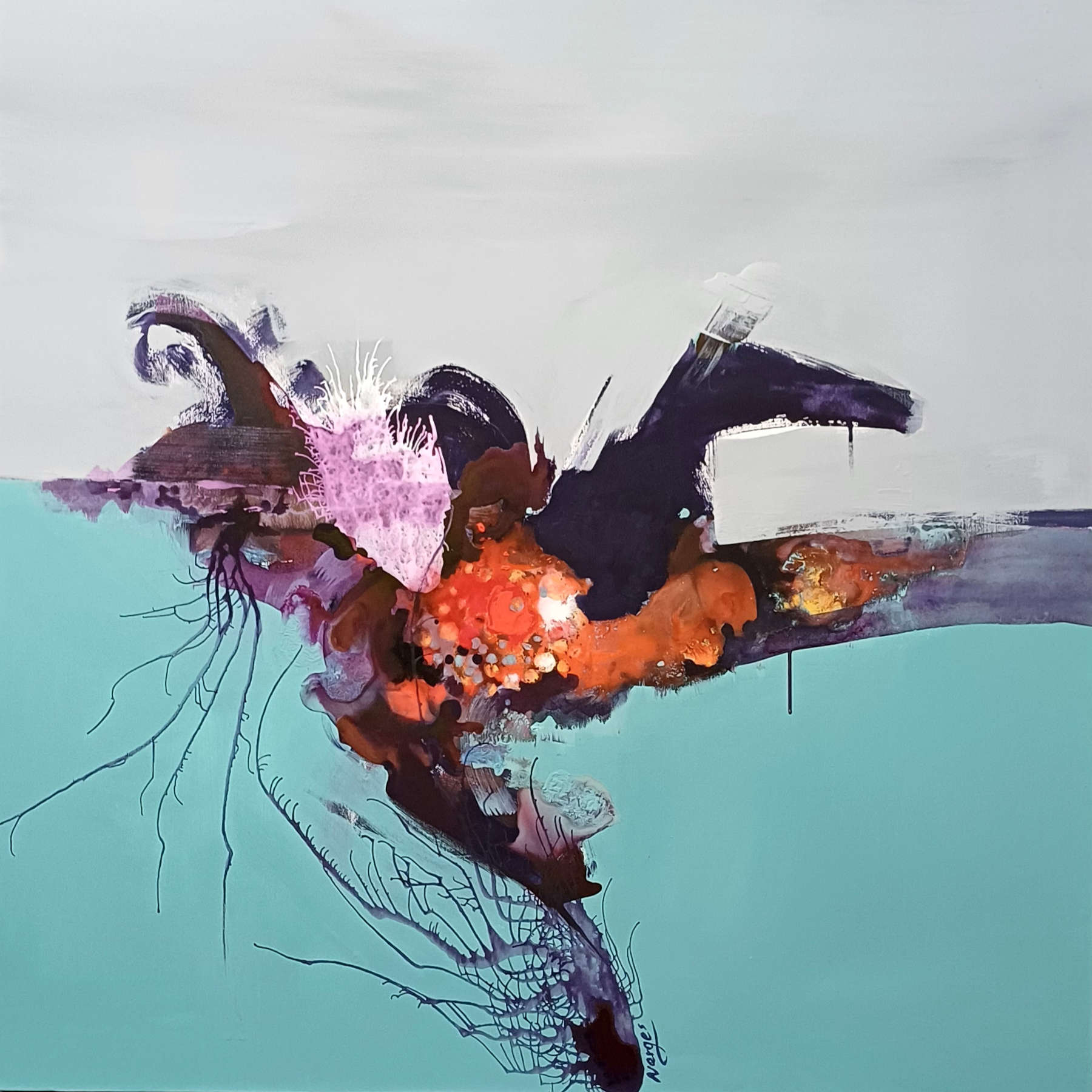Drunk Duck Mixed Media on Canvas Painting, Contemporary Visual Art Narges Maleki