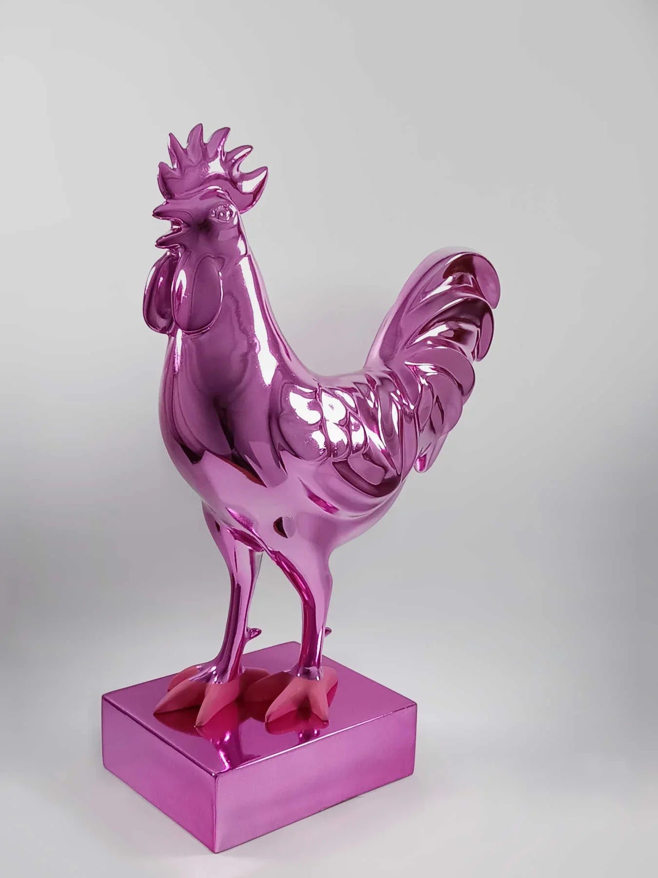Pink Rooster Sculpture, Collectible Art By Sara Rahanjam