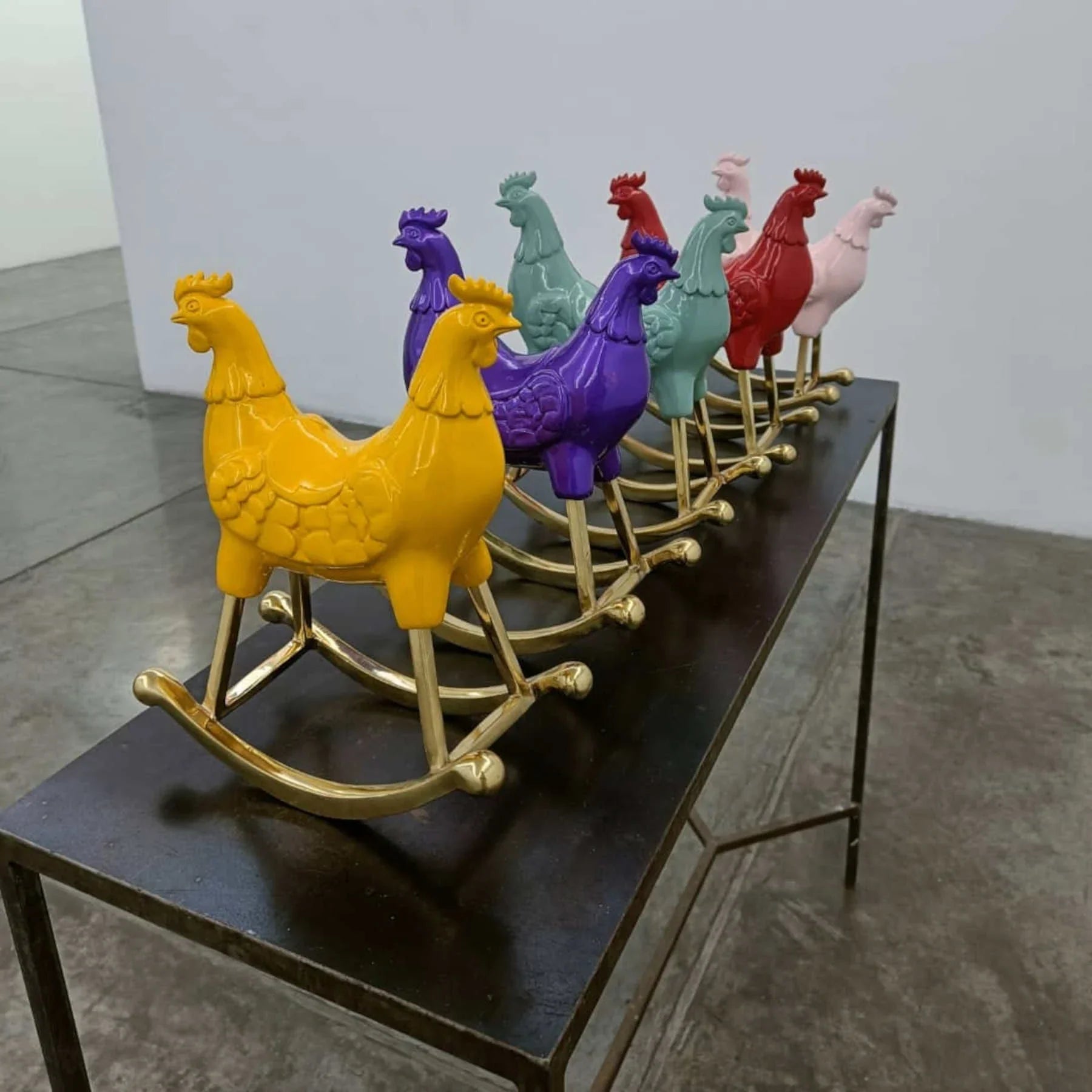 Yellow Rocking Rooster Sculpture, Collectible Art By Sara Rahanjam