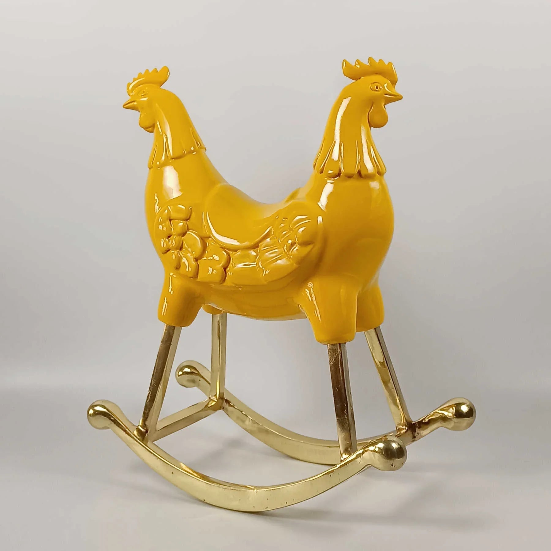 Yellow Rocking Rooster Sculpture, Collectible Art By Sara Rahanjam
