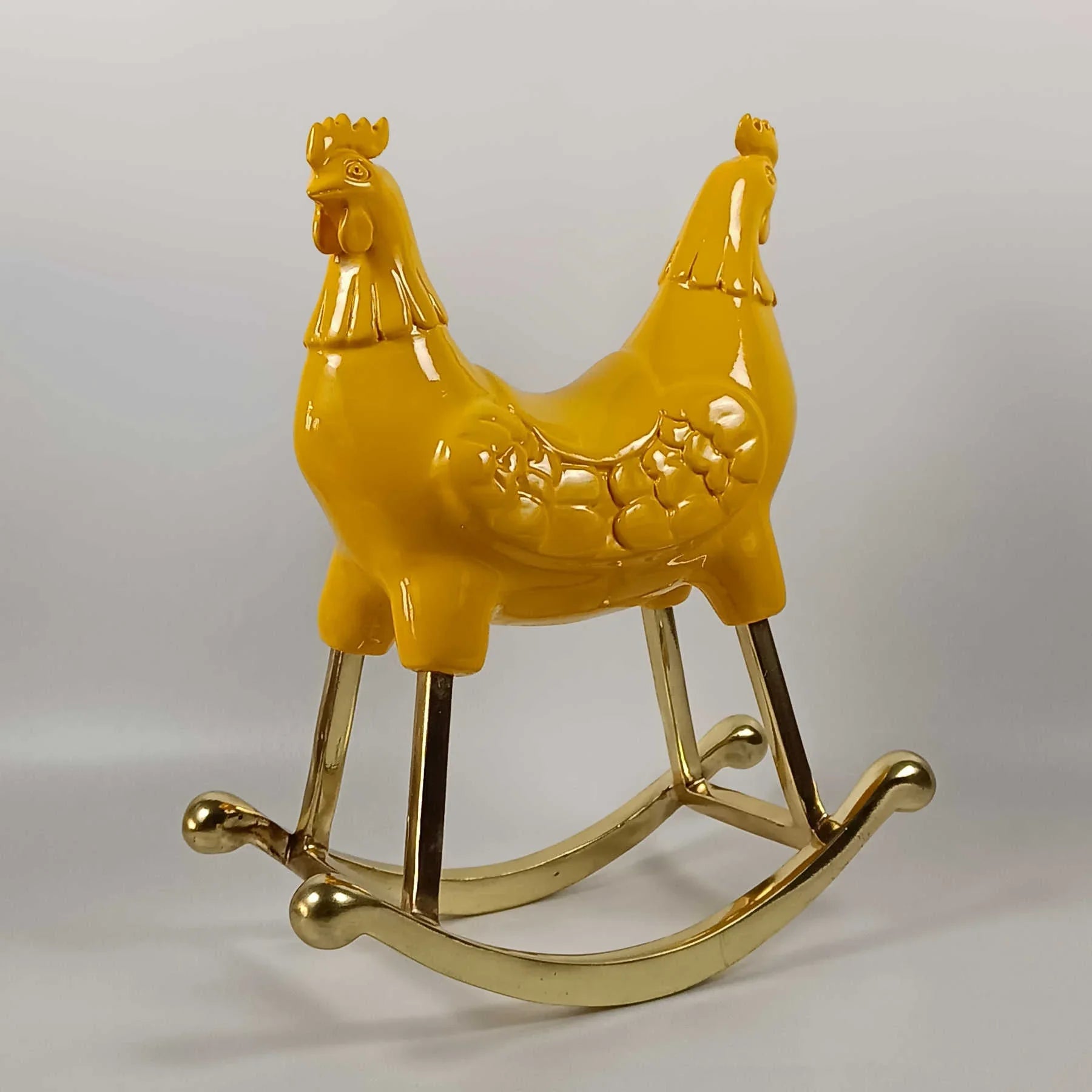 Yellow Rocking Rooster Sculpture, Collectible Art By Sara Rahanjam