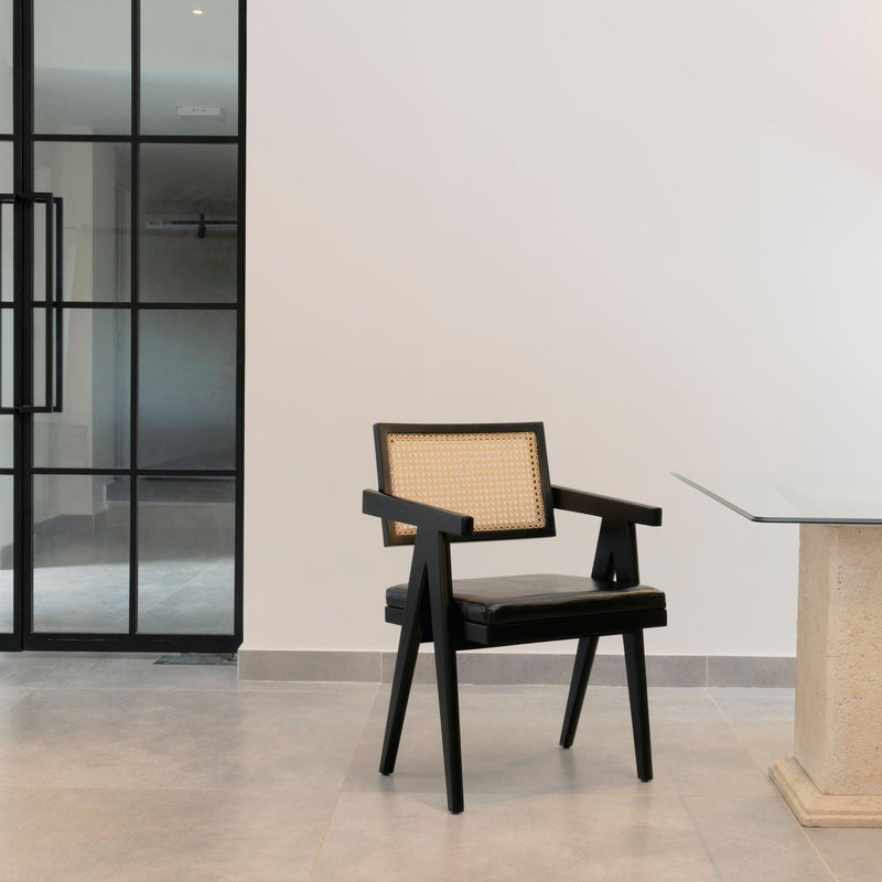 Black Cane Chair with Black Leather Seat - Pierre Jeanneret designer Office & Dining Chairs in Dubai