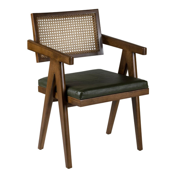 Walnut Brown Cane Chair with Green Leather Seat - Pierre Jeanneret designer Office & Dining Chairs in Dubai