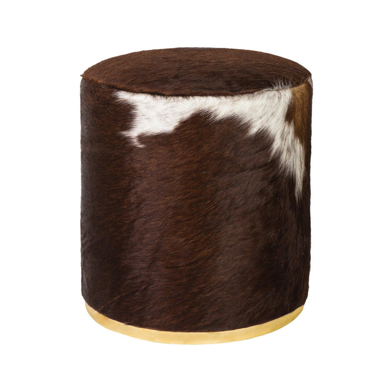 Cowhide Pouf Ottoman - Plush Cowhide Pouffe with Solid Bronze base