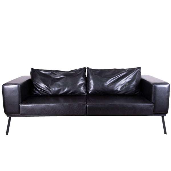 Leather Sofa - Black Premium Leather Two Seaters Sofa with Metal legs