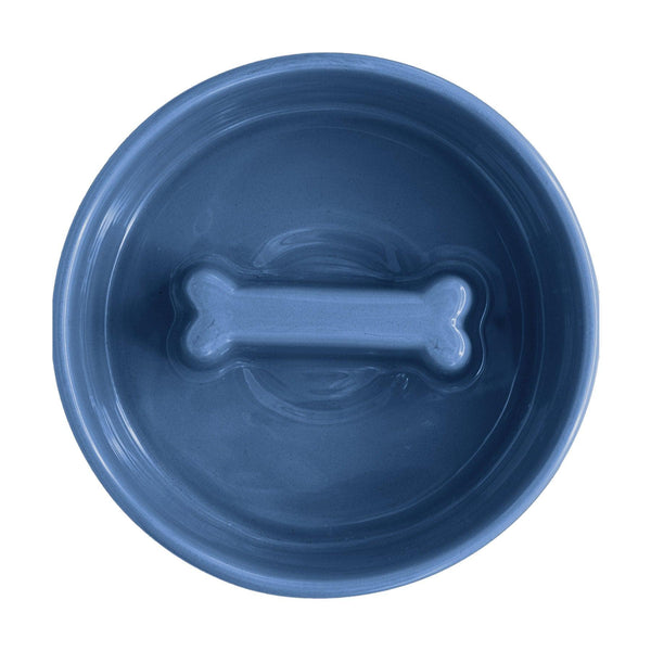 Bone Pet Slow Feeder Bowl in Blue - Choke Preventing Ceramic Bowls for Cats & Dogs