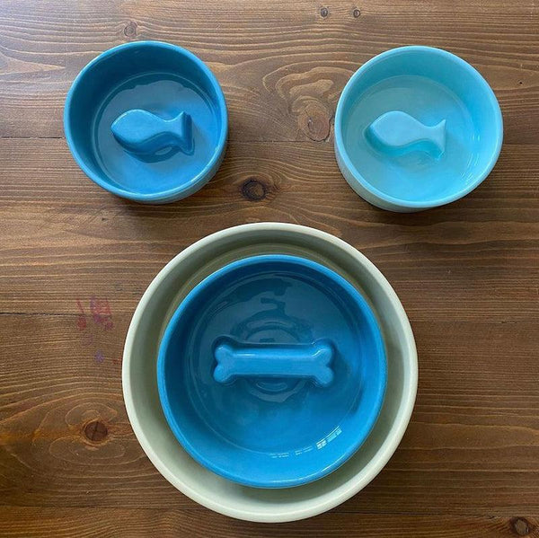 Bone Pet Slow Feeder Bowl in Blue - Choke Preventing Ceramic Bowls for Cats & Dogs