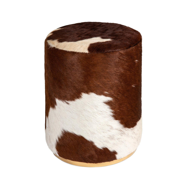 Cowhide Pouf Ottoman - Plush Cowhide Pouffe with Solid Bronze base