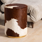 Cowhide Pouf Ottoman - Plush Cowhide Pouffe with Solid Bronze base