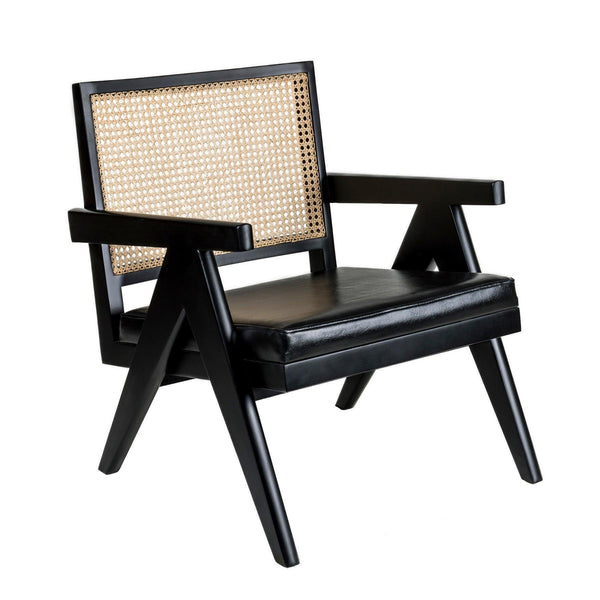 Cane Easy Chair With Black Leather Seat - Pierre Jeanneret designer Office & Dining Chairs in Dubai