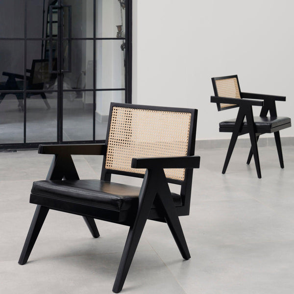 Cane Easy Chair With Black Leather Seat - Pierre Jeanneret designer Office & Dining Chairs in Dubai