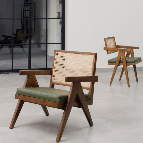 Cane Easy Chair With Green Leather Seat - Pierre Jeanneret designer Office & Dining Chairs in Dubai