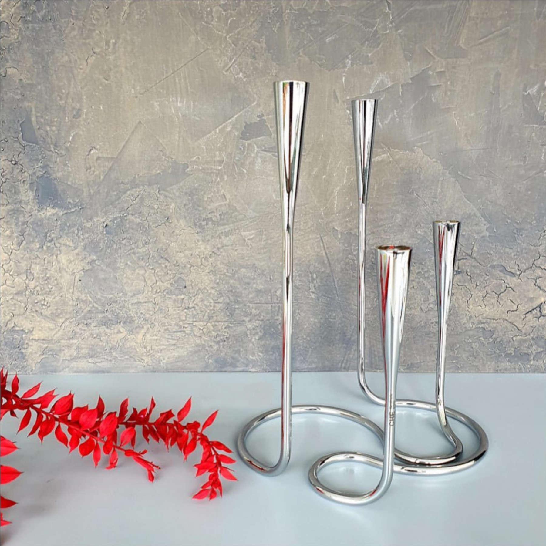 CHE Brass Candle Holder Chrome Plated - Silver Metal Home Decor & Accessories UAE