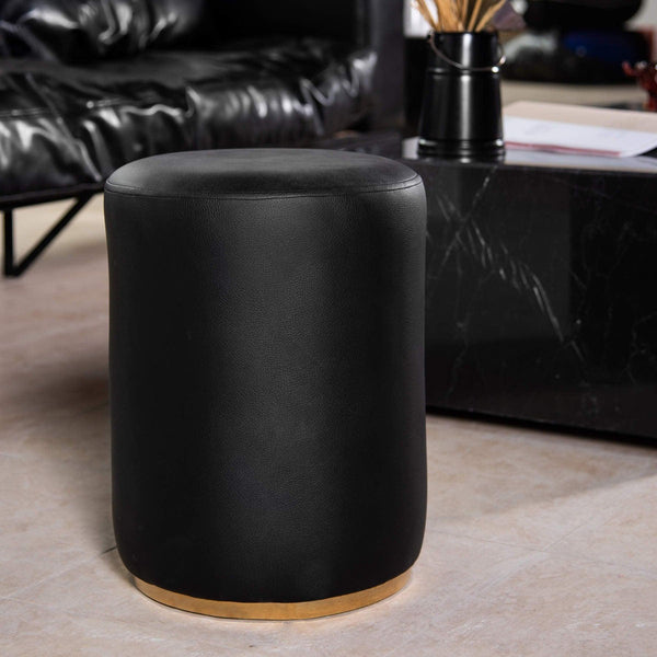 Chic Black Leather Pouf Ottoman with Bronze base in Dubai