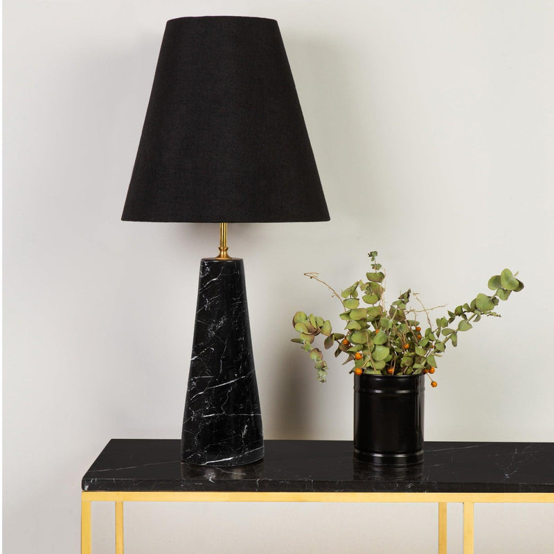 Marble Table Lamp, Nero Marquina Black Marble with Linen Shade in Dubai